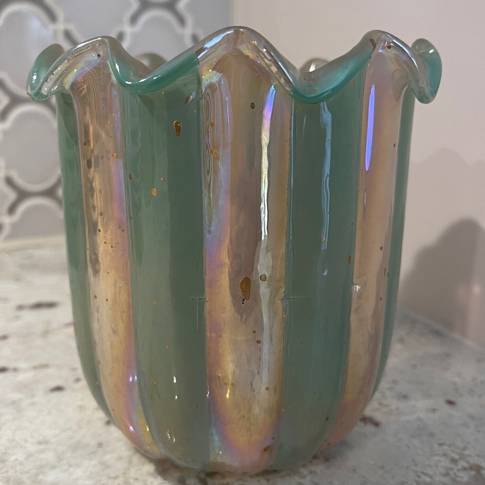 Iridescent Green and Gold Glass Scallop Candle Holder